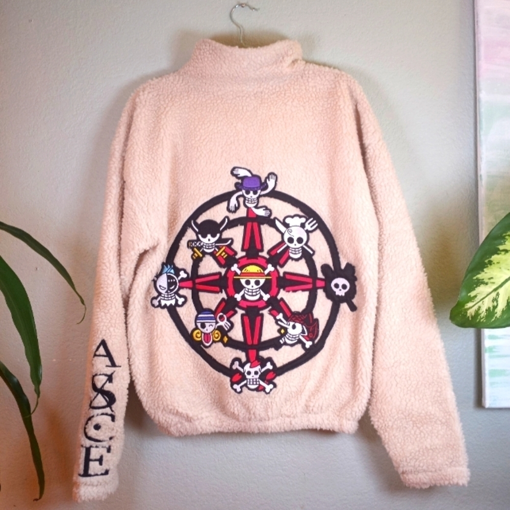 Neaux Wrld One Piece Compass Anime Fuzzy Zip Up Teddy Jacket Pop Art Casual Boho